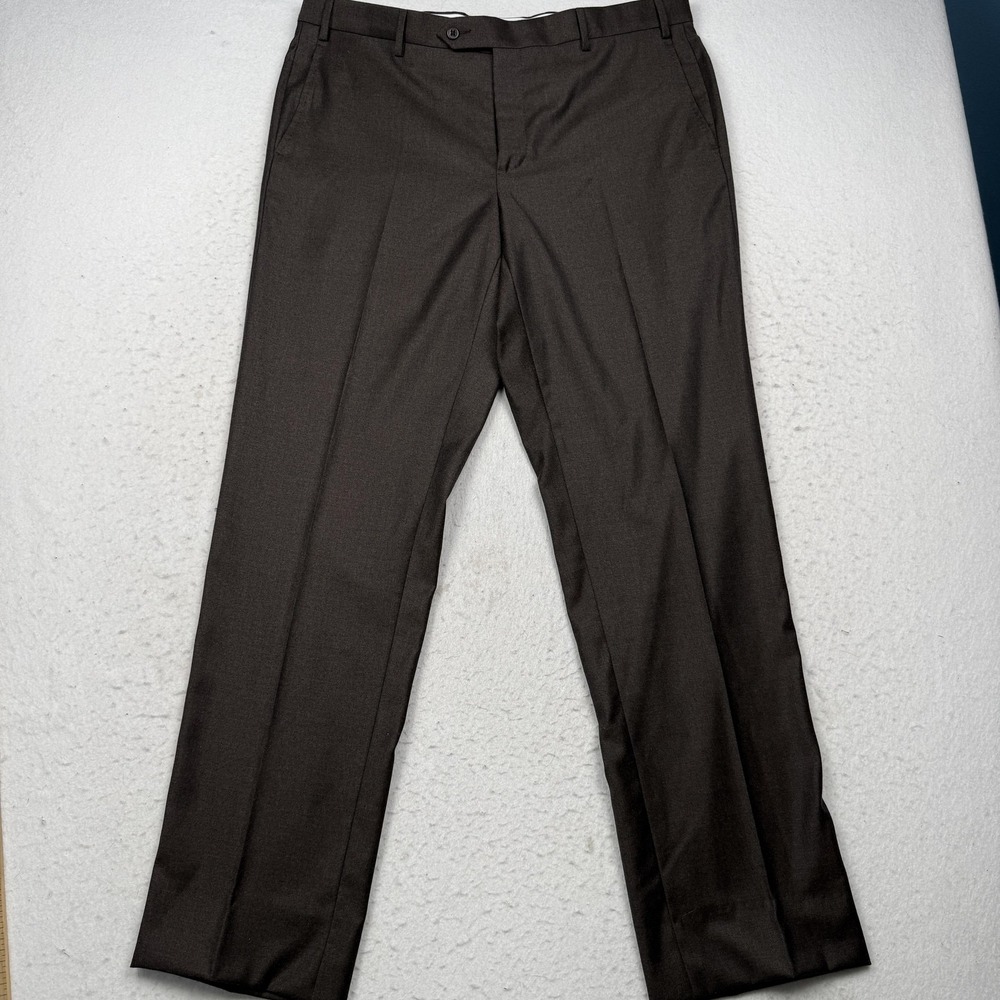 Zanella Devon Dress Pants Mens 38x33 Brown Wool Flat Front Flannel Made Italy
